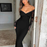 Vestido largo con hombros descubiertos y ribete de encaje
