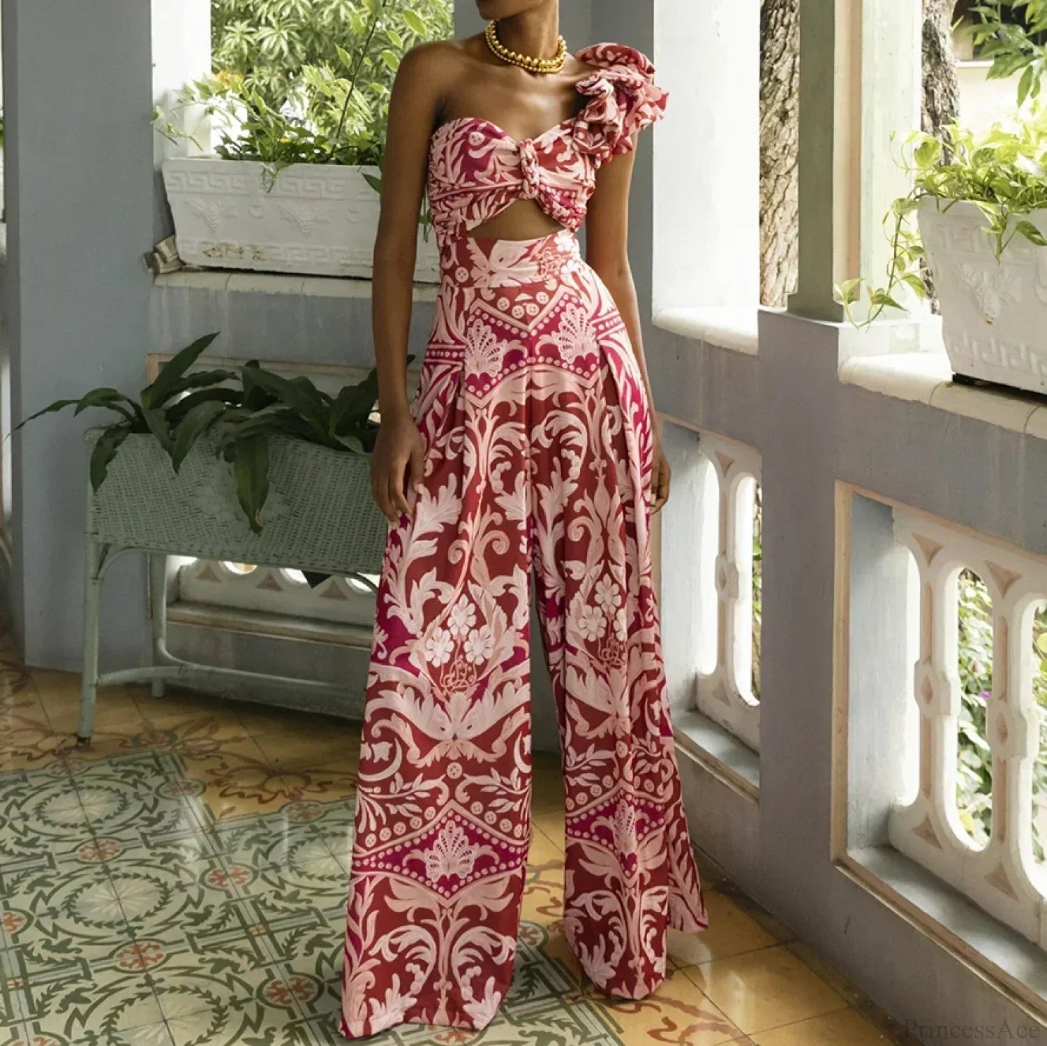 Conjunto de dos piezas: pantalón estampado asimétrico