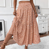 Falda larga de mujer - Cintura elástica - Estampado de volantes - Estampado floral