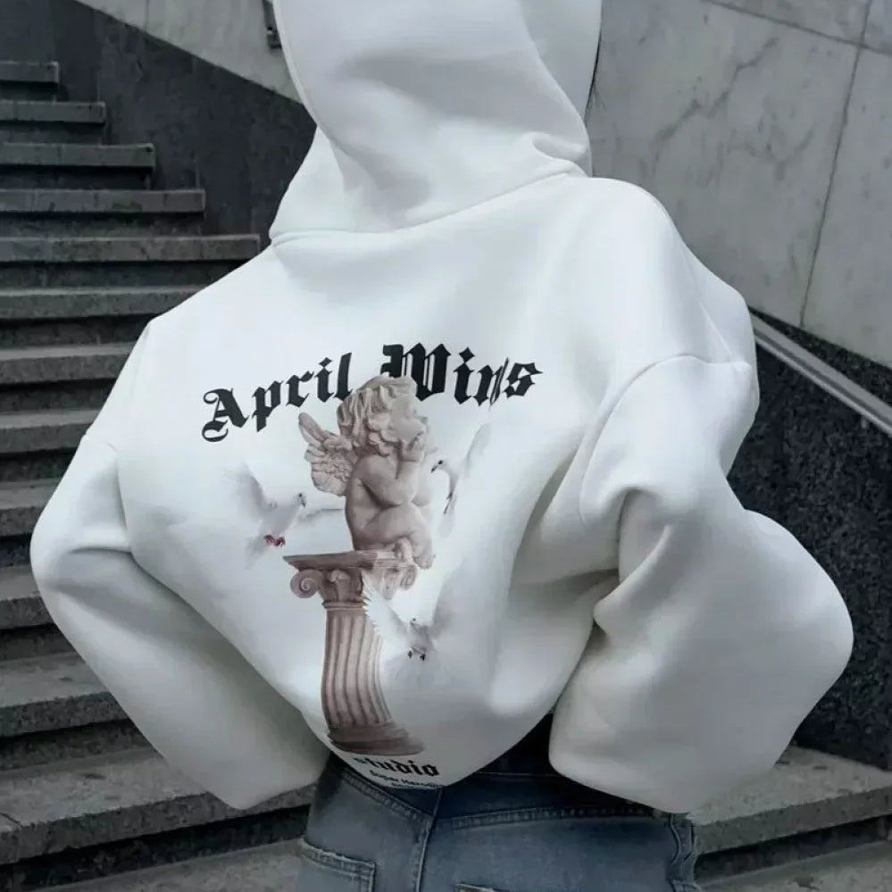 Sudadera con capucha extragrande con cremallera en un estilo urbano informal con estampado de ángel.