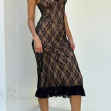 Vestido midi de tirantes con encaje de patchwork