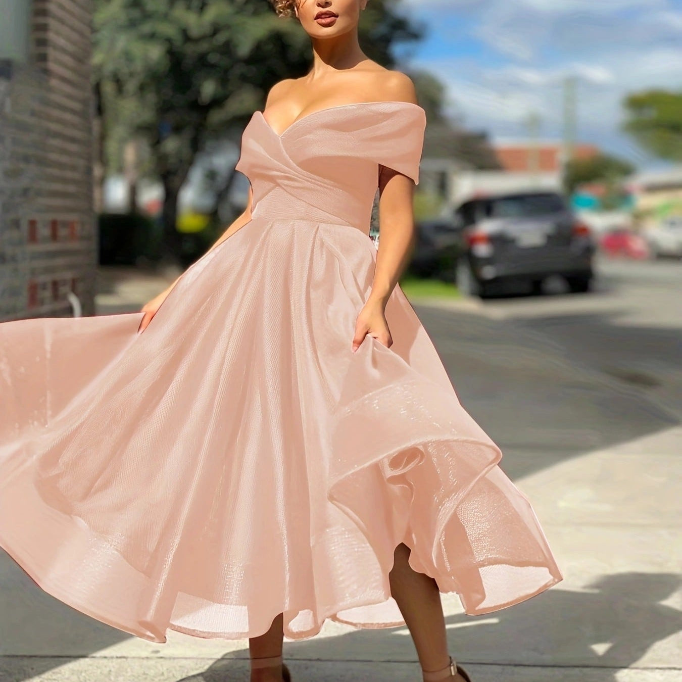 Vestido de cóctel para mujer - Hombros descubiertos - Corte en A - Falda midi elegante