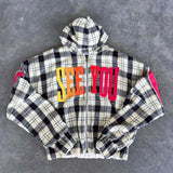 Sudadera con capucha extragrande con cremallera y estampado de letras de arcoíris a cuadros
