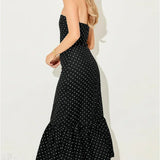 Vestido largo sin tirantes con lunares