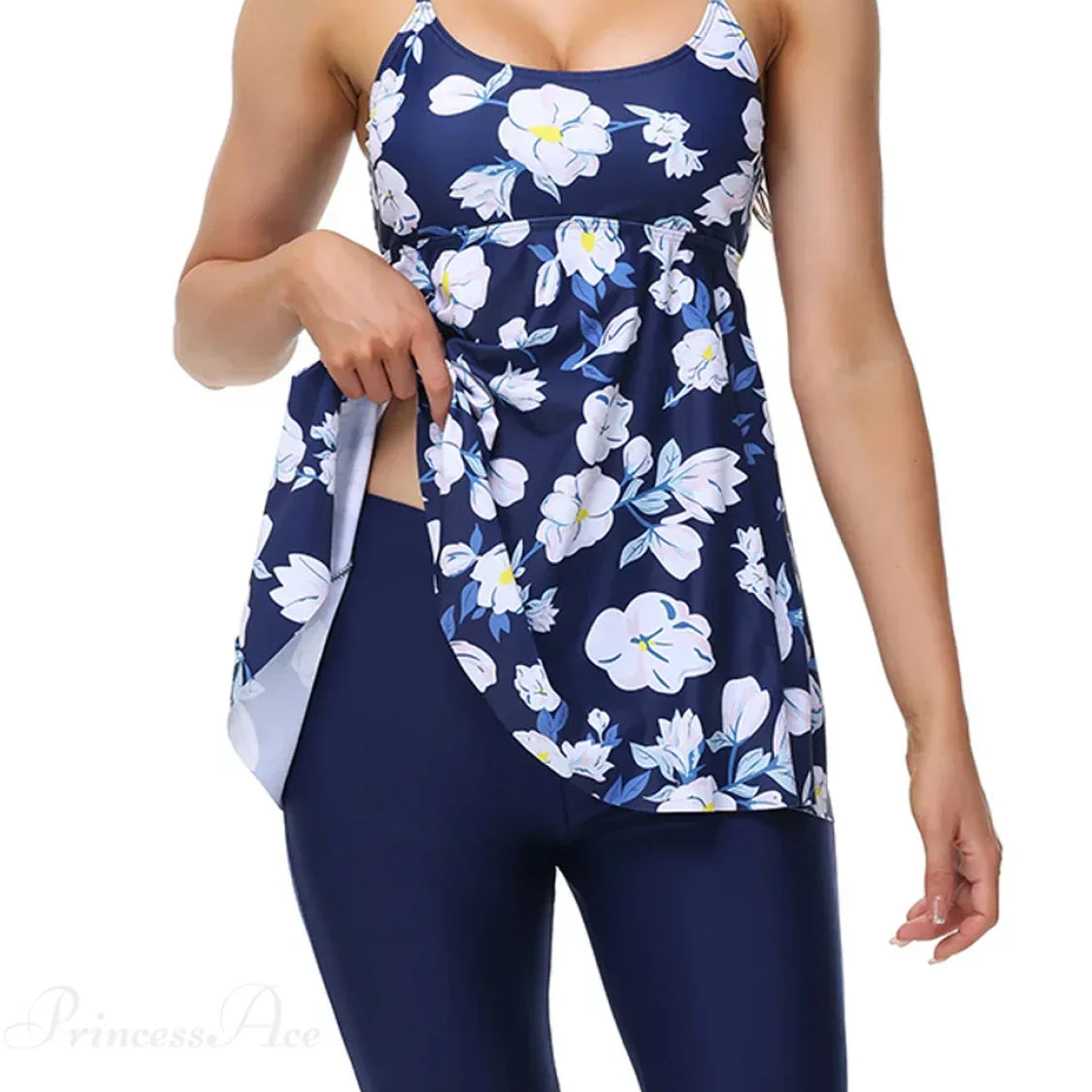 Conjunto de tankini de dos piezas con pantalones cortos estampados hasta la rodilla