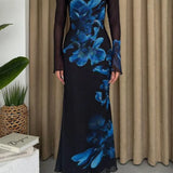 Vestido largo ajustado con paneles de tul estampado