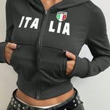 Sudadera con capucha corta y cremallera estampada