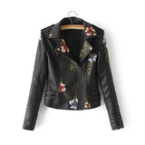 Chaqueta de cuero para mujer – Corte corto y ajustado – Bordado floral – Detalle de tachuelas