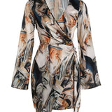 Vestido cruzado para mujer - Mangas largas - Cuello en V - Ajuste ajustable - Estampado moderno