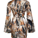 Vestido cruzado para mujer - Mangas largas - Cuello en V - Ajuste ajustable - Estampado moderno