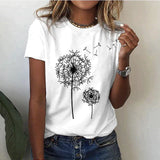 Camiseta de mujer - Cuello redondo - Manga corta - Corte holgado - Estampado gráfico de diente de león
