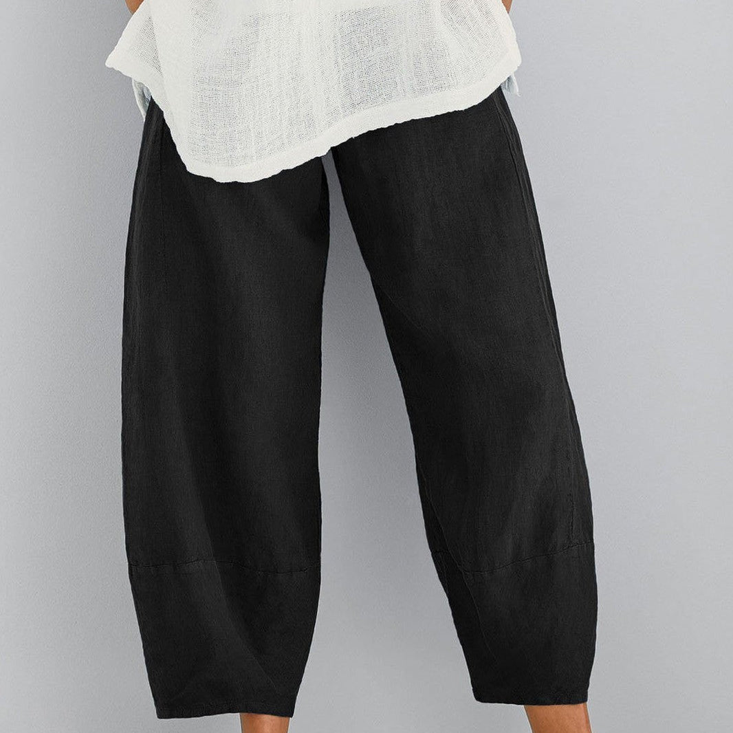 Pantalones de mujer – Corte relajado – Fibras naturales – Pernera ancha – Largo hasta el tobillo