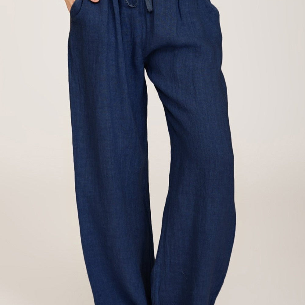 Pantalón ancho de mujer – Fibras naturales – Cintura elástica – Corte relajado