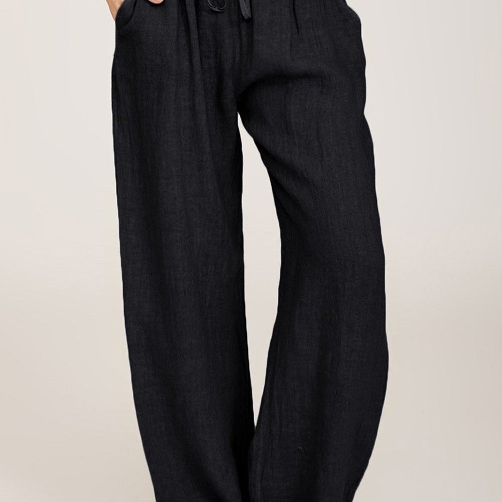 Pantalón ancho de mujer – Fibras naturales – Cintura elástica – Corte relajado