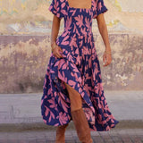 Vestido midi estampado con mangas abullonadas y un encantador escote cuadrado