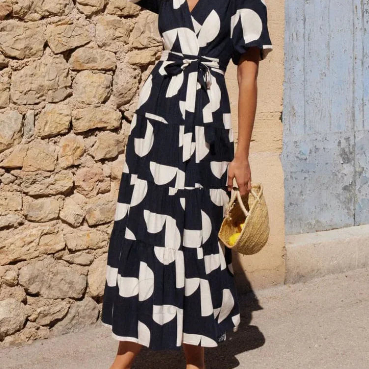 Vestido midi con mangas abullonadas y escote en pico, encantador estampado geométrico