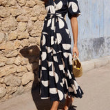 Vestido midi con mangas abullonadas y escote en pico, encantador estampado geométrico