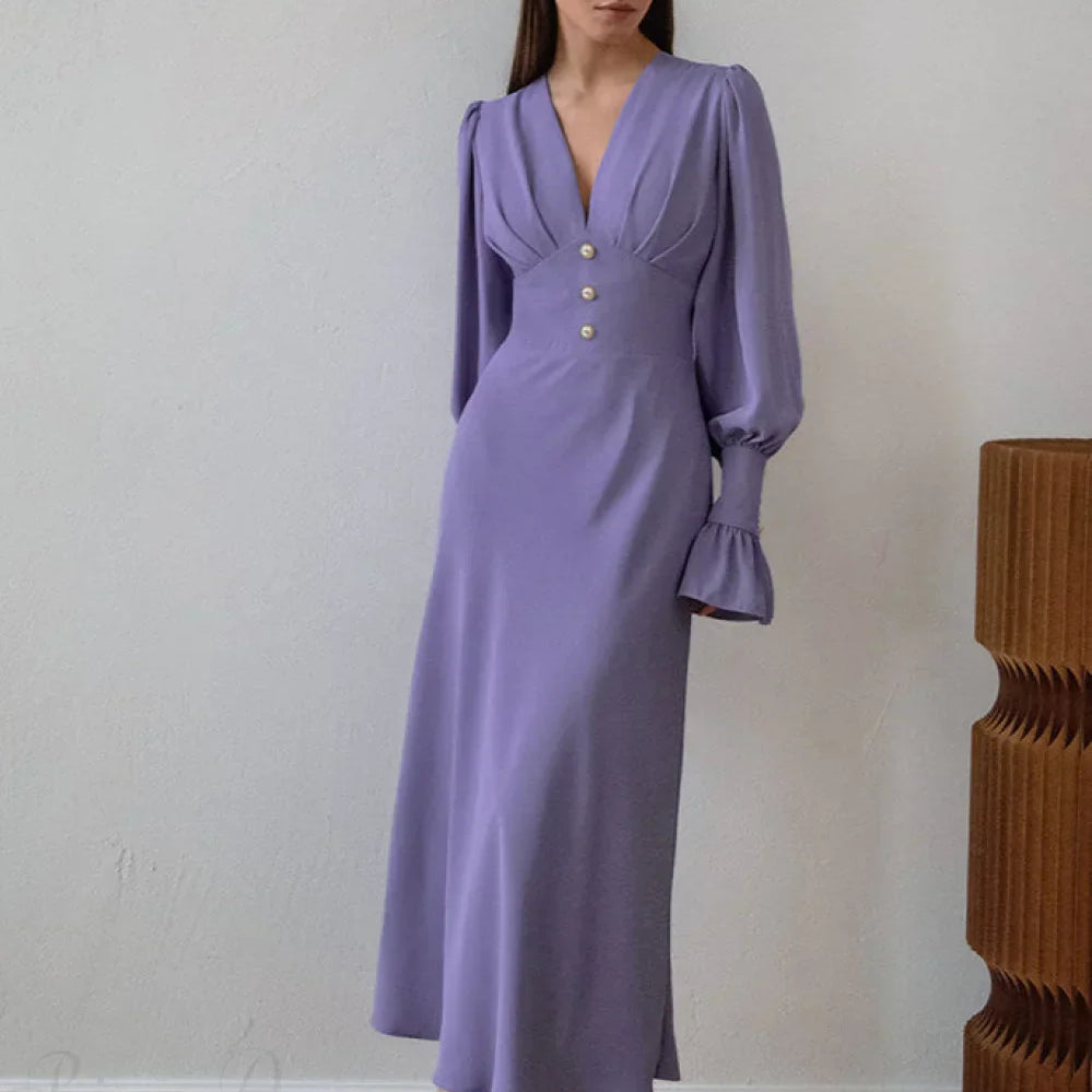 Vestido largo vintage ajustado con mangas abullonadas y escote en pico
