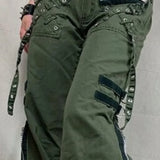 Pantalones cargo punk acampanados de tiro bajo con bragueta con cremallera