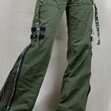 Pantalones cargo punk acampanados de tiro bajo con bragueta con cremallera