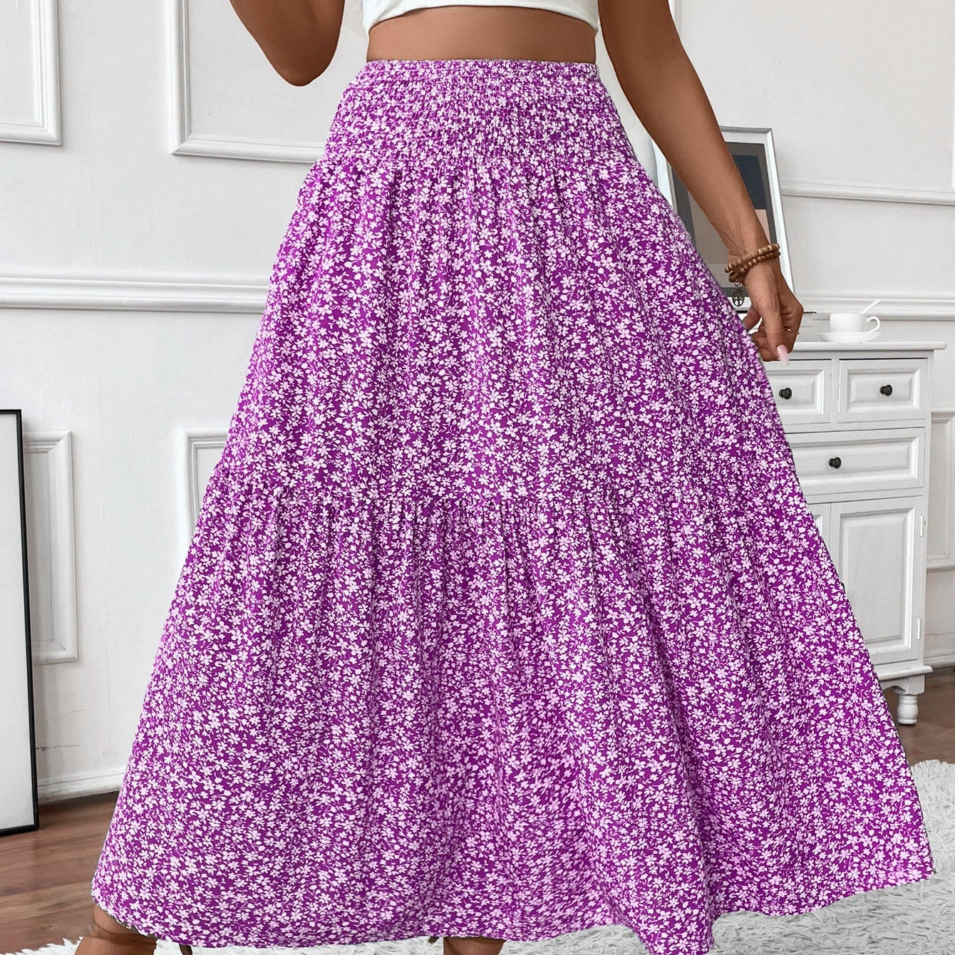 Falda larga de mujer - Cintura elástica - Estampado de volantes - Estampado floral