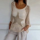 Top corto para mujer – punto calado – corte holgado – mangas 3/4 – cuello redondo con estampado de estrellas