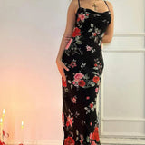Vestido largo retro ajustado con tirantes finos y estampado floral