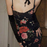 Vestido largo retro ajustado con tirantes finos y estampado floral