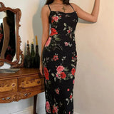 Vestido largo retro ajustado con tirantes finos y estampado floral