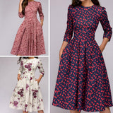 Vestido de mujer - Corte en A - Mangas 3/4 - Cuello redondo - Elegante estampado floral