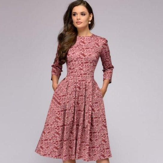 Vestido de mujer - Corte en A - Mangas 3/4 - Cuello redondo - Elegante estampado floral