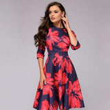 Vestido de mujer - Corte en A - Mangas 3/4 - Cuello redondo - Elegante estampado floral
