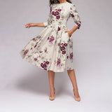 Vestido de mujer - Corte en A - Mangas 3/4 - Cuello redondo - Elegante estampado floral