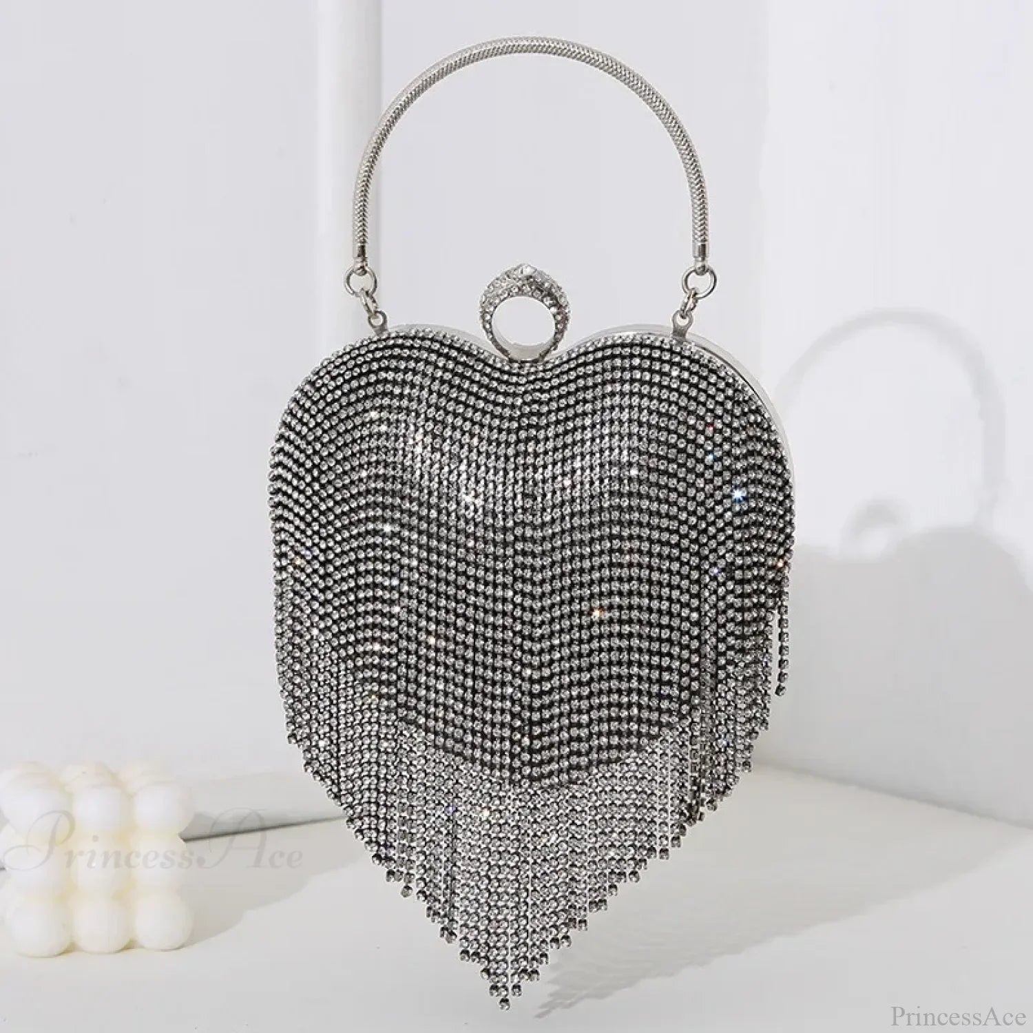 Clutch de noche plateado con estampado de corazón de diamantes de imitación, bolso de novia