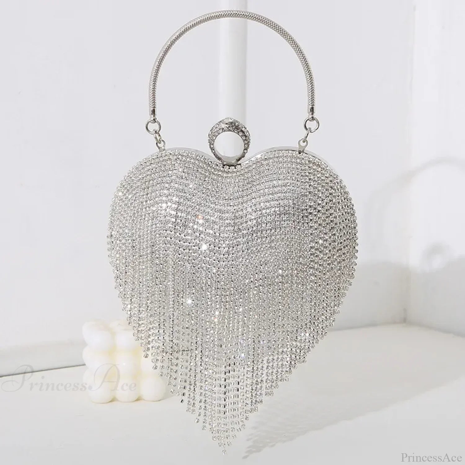 Clutch de noche plateado con estampado de corazón de diamantes de imitación, bolso de novia