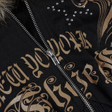 Sudadera con capucha de polar de corte entallado con estampado de diamantes de imitación y cremallera irregular.