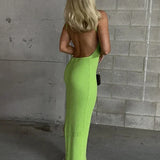 Vestido midi sexy de verano en punto acanalado, espalda abierta con abertura, sin tirantes, sin mangas.