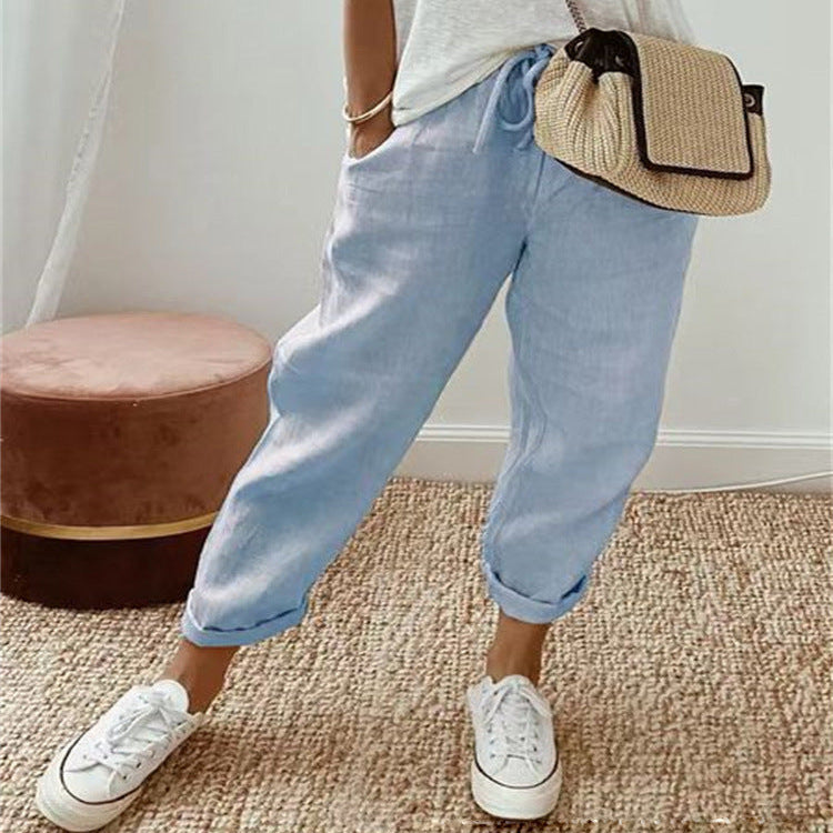 Pantalones de mujer – Corte holgado – Cintura con cordón – Estampado abstracto – Tejido ligero