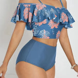 Conjunto de dos piezas con estampado floral, espalda abierta y tirantes con volantes.