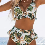 Conjunto de dos piezas con volantes, triángulos y encajes, estampado de hojas.