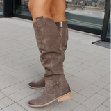 Botas altas de mujer – Ante – Tacón bajo – Punta redonda – Cierre de cremallera – Correa ajustable