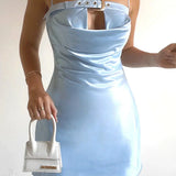 Vestido corto de satén con escote en V ajustable y top corto de tirantes