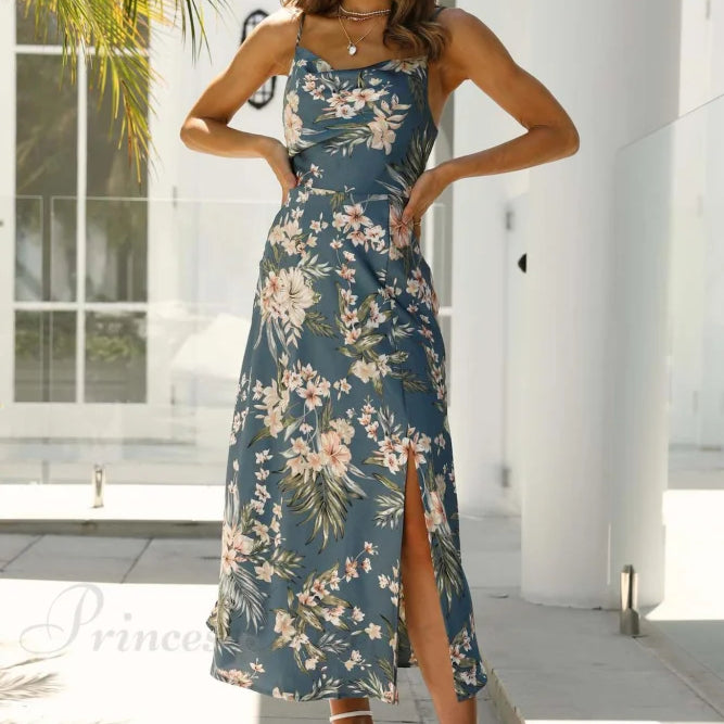 Vestido lencero de satén con cuello vuelto y estampado floral con abertura