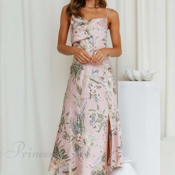 Vestido lencero de satén con cuello vuelto y estampado floral con abertura