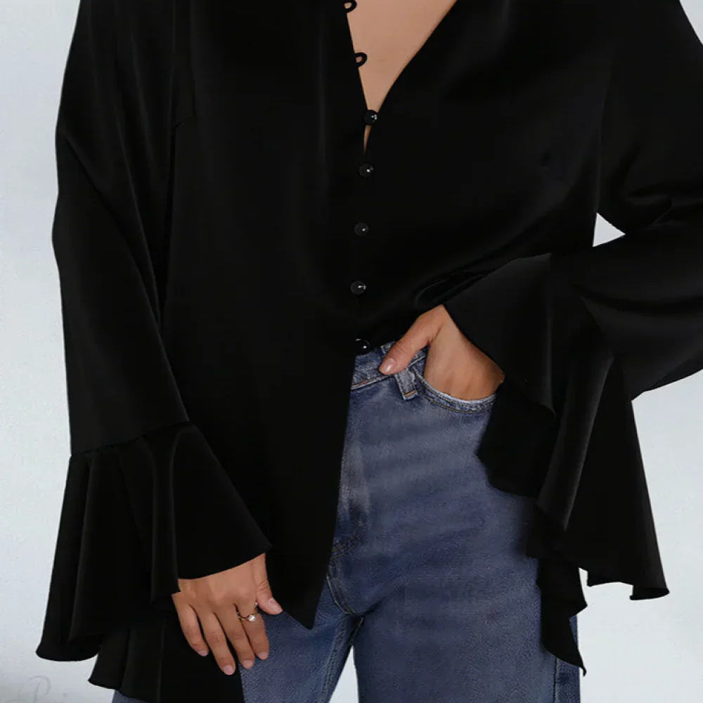 Blusa de satén lisa con volantes