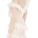 Vestido mini para mujer – Hombros descubiertos – Encaje con volantes – Mangas largas de tul