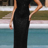 Vestido sin espalda con lentejuelas y tirantes irregulares