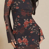 Minivestido sexy ajustado de tul floral