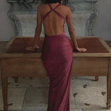 Vestido largo ajustado sexy Peter Pan con espalda descubierta y tirantes
