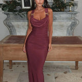 Vestido largo ajustado sexy Peter Pan con espalda descubierta y tirantes